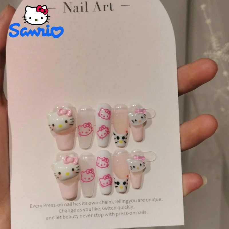 

Sanrio Handmade Press-on Nails Hello Kitty Kuromi Mymelody Cinnamoroll Pompom Purin Kawaii Anime Student Toys Gifts for Girls