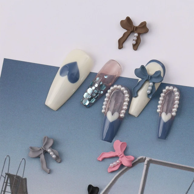 10pcs Black White Alloy Bowknot Nail Charms 3D Metal French Ribbon Bows  With Pearl Nail Rhinestone DIY Press on Nail Accessories - AliExpress