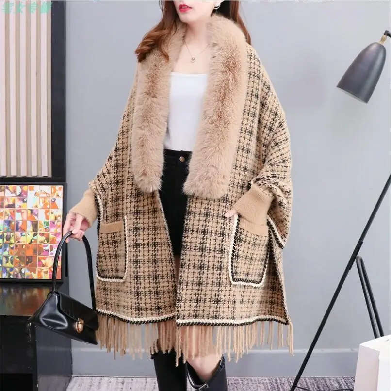 

Autumn Winter Faux Mink Fleece Collar cape shawl Women Fashion fringed knitted cardigan Femme Warm Coat 2022 New p577