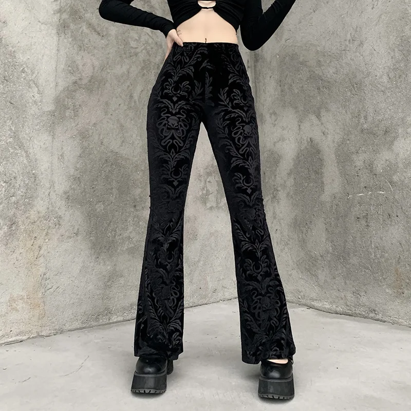  Women Gothic Retro High Waist Print Black Pants Dark Academia Harajuku Flared Pants Vintage Punk Velvet Trousers Streetwear