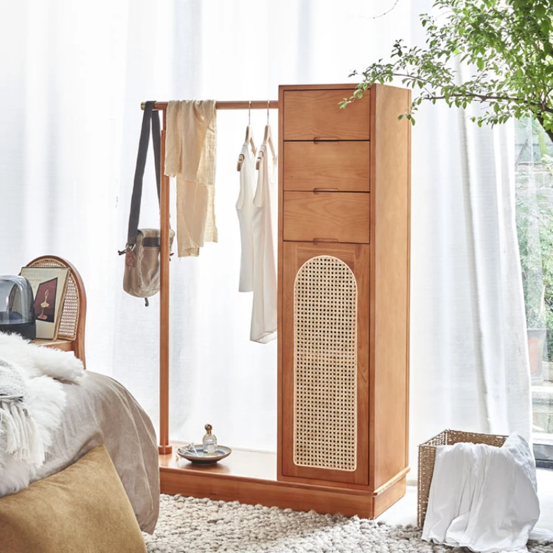 

Solid wood coat rack cabinet, multi-functional rattan woven floor mounted hanger for homestay household use