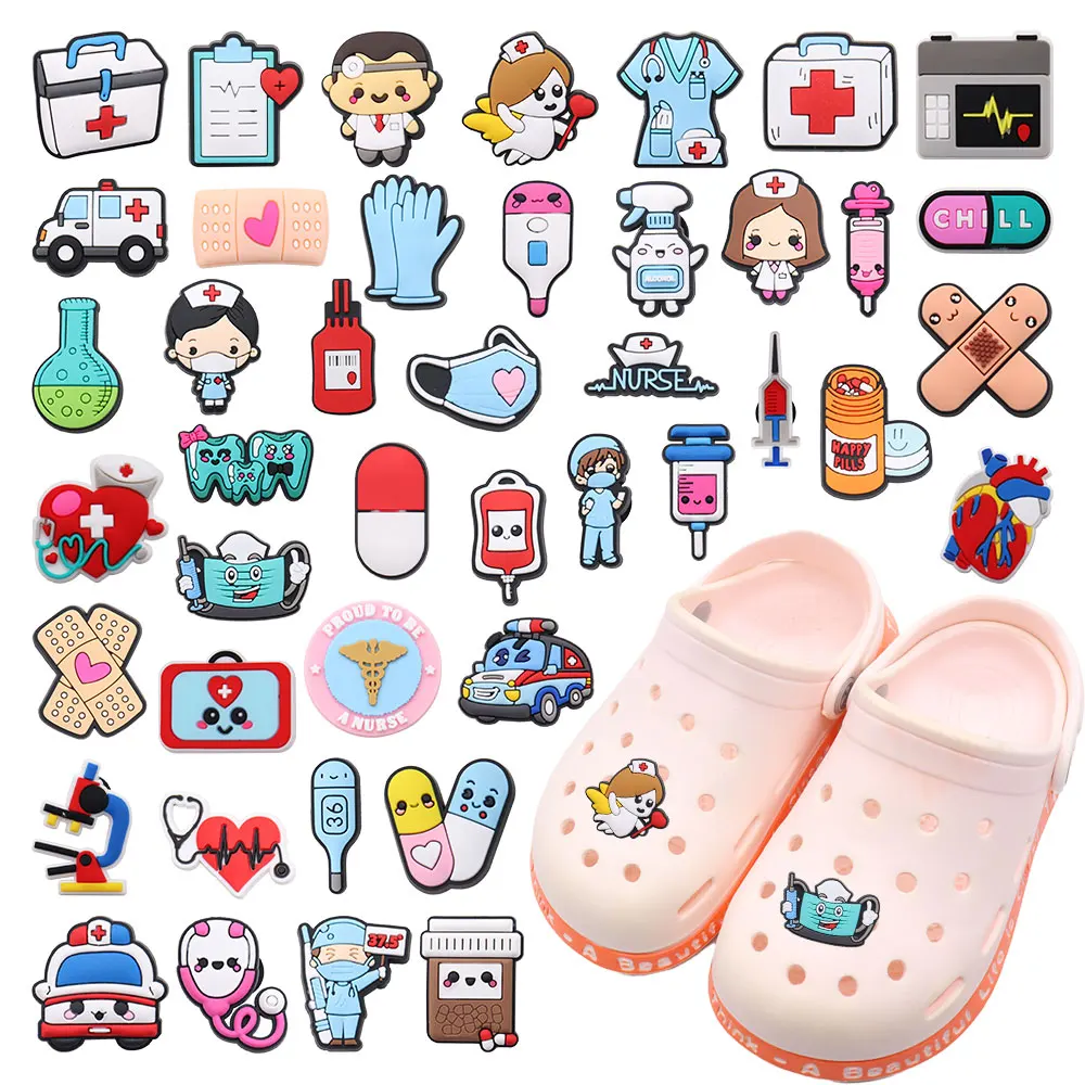 

Sell Retail 1pcs Shoe Charms Doctor Nurse Ambulance Mask Pill Croc Accessories PVC Sandals Decoration For Jibz Party Gift