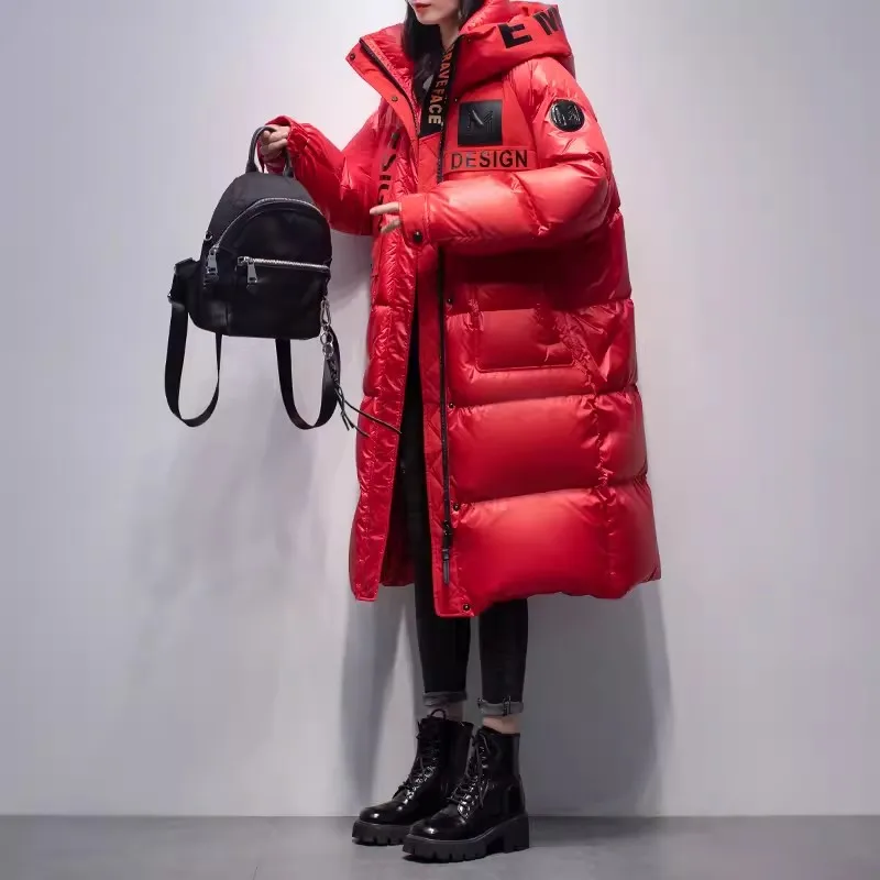 

Red Glossy Down Jacket Women's Warm Parka 2024 Winter New Korean version Hooded White duck down Coat Black Casual Long Overcoat