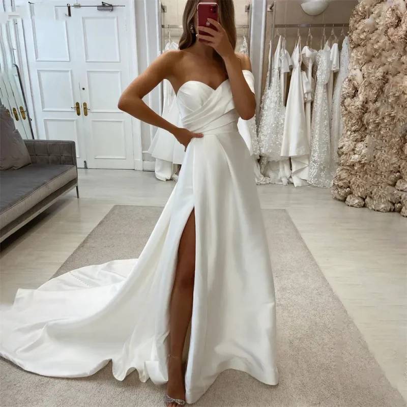 

Simple Sweetheart One Shoulder Wedding Dresses For Women A Line Ruched Satin Bridal Gowns Sleeveless Split Slit Vestido De Novia