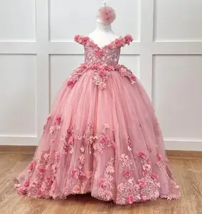 Pink Ball Gown Flower Girl Dresses Layers Tulle 3D Flowers Shoulderless Children Birthday Gowns First Communion Dress
