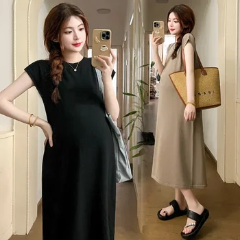 Summer Maternity Dresses Solid Short Sleeve Bodycorn Maxi Dress Pregnant Women Baby Shower Gowns Premama Clothing Pregnancy