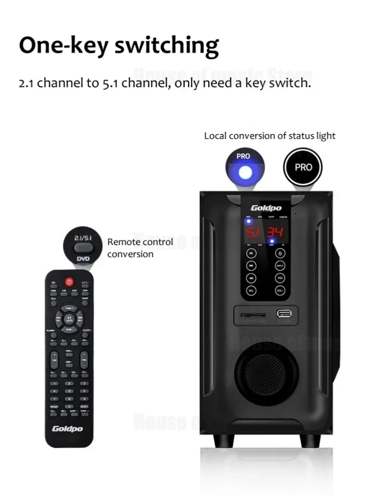5.1 Intelligent Home Combo Theater Bluetooth Speaker Wooden Subwoofer 3D Surround Sound Memory Play FM Radio with Remote Control