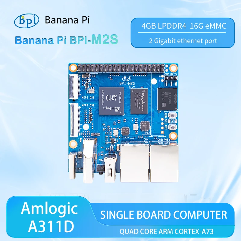 Banana Pi BPI-M2S SoC Amlogic A311D And S922X Hexa-core 4GB LPDDR4 RAM 16GB eMMC Video HDMI 2.1 4Kp60 OS Ubuntu Debian Android