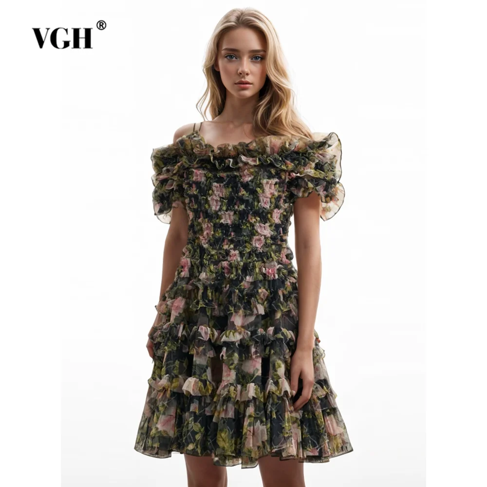 

VGH Hit Color Floral Printing Mini Dress For Women Slash Neck Short Sleeve High Waist Spliced Zipper Slimming Dresses Female New