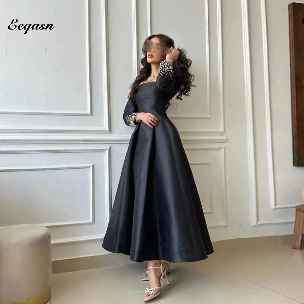 Simple Black Prom Dresses Square Neck Formal Evening Dress Beading Long Sleeve Saudi Arabric Satin Party Gown For Women