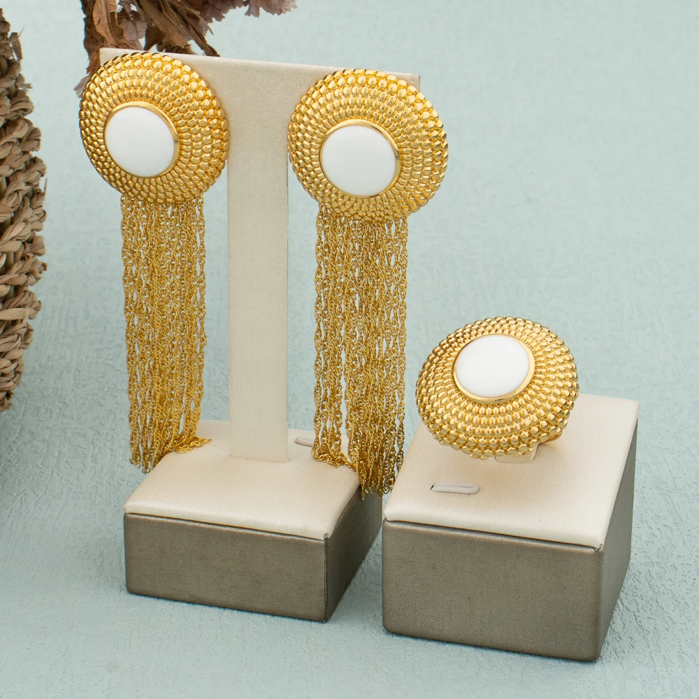 Italian 18k Gold Plated Earrings and Ring Set Red Zircon Luxury Dubai Rectangle Jewelry Set for Women Weekend Party Wedding Gift