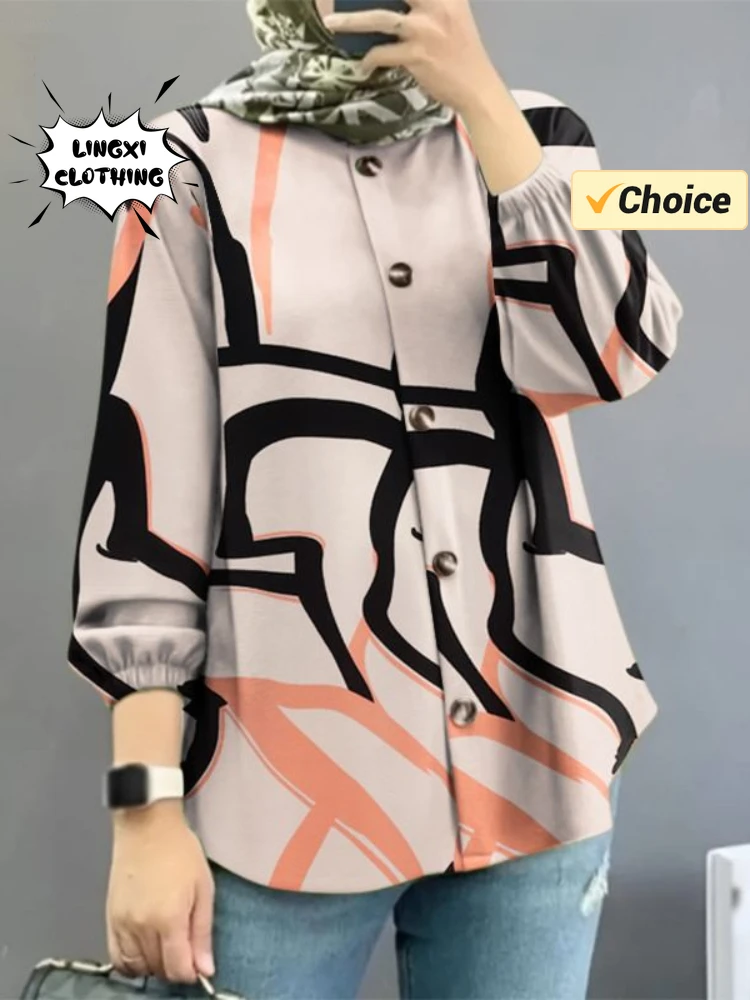 

2024 Summer New Muslim Women's Shirt Lapel Retro Print Stripe Long Sleeve Loose Casual Commuter Style Elegant Blouse Women Tops