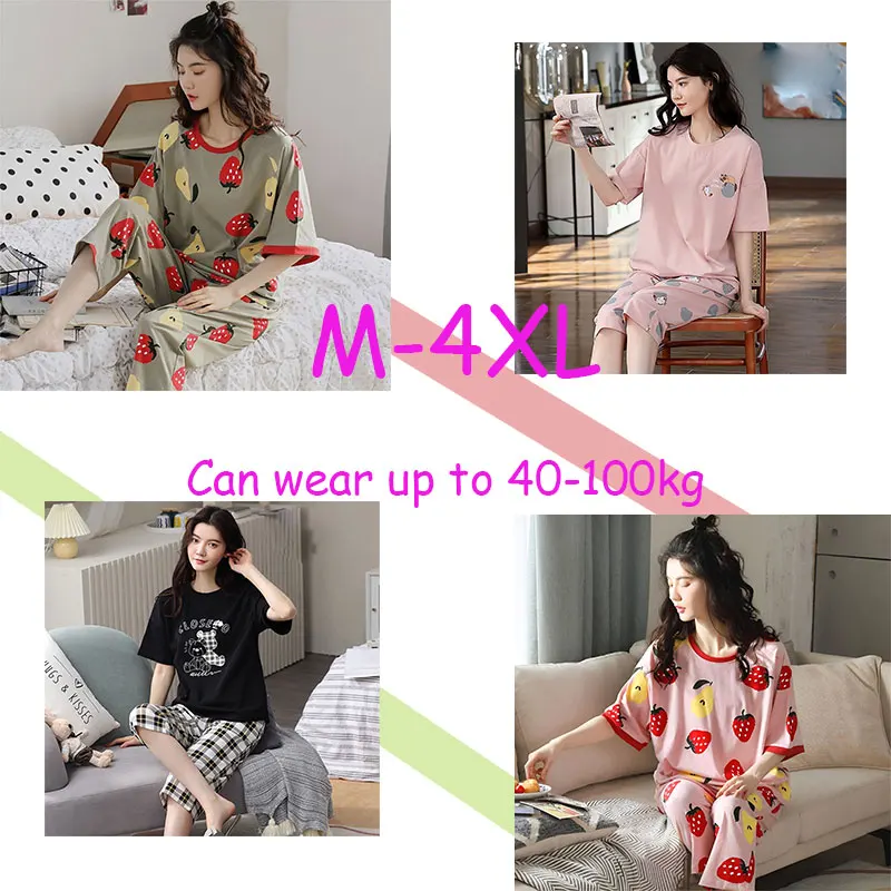 

Summer Woman Cotton Pajamas Letter Striped Sleepwear Cartoon Pajama Sets Casual Sleep&Lounge Pyjamas Plus Size 4XL Pijama