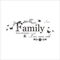 Family Love Never Ends Vinyl Wall Decal - Elegant Quote Art (Black)