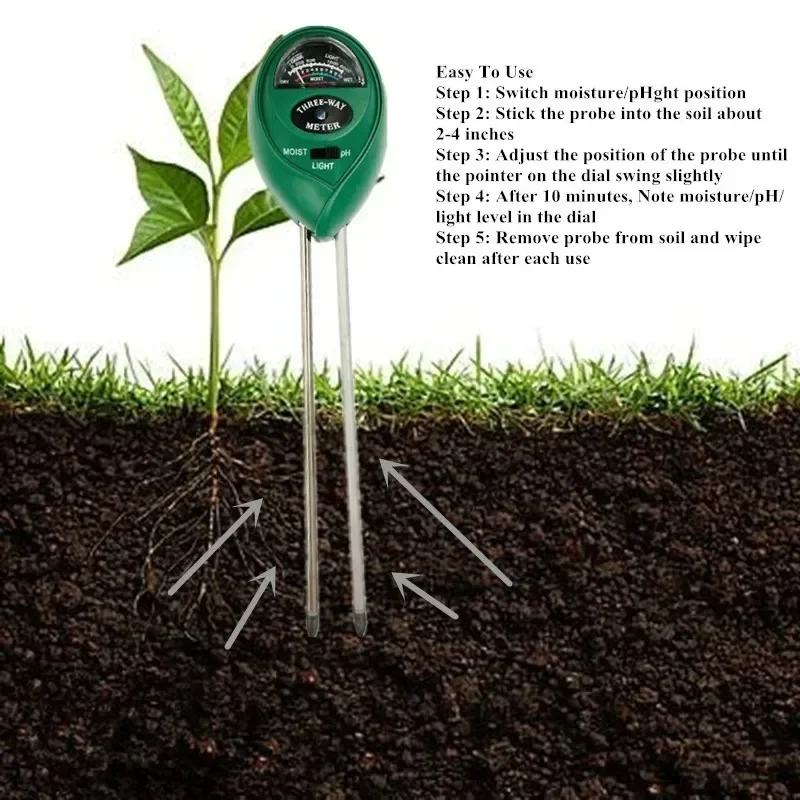 Soil Moisture Meter 3 in 1 Soil Meter Moisture Light PH Testers With 2 Probes Soil Monitor for Garden Plant Test Flower Instrument Tool