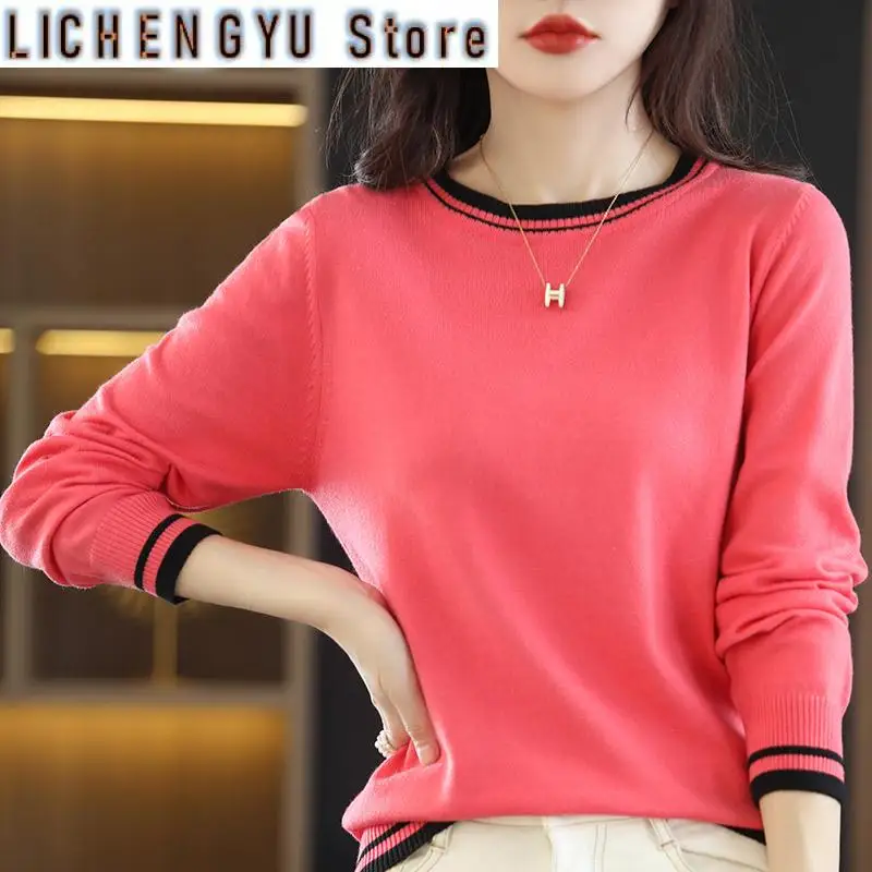

New Autumn and Winter Casual Cashmere Pullover O-Neck Women's Color Contrast Casual Long Sleeve Simple and Comfortable Top