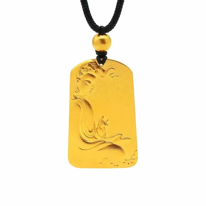 24K AU999 Gold Successful Clouds and Nothing Card Pendant Hand-engraved Nafu Square Necklace for Men and Women