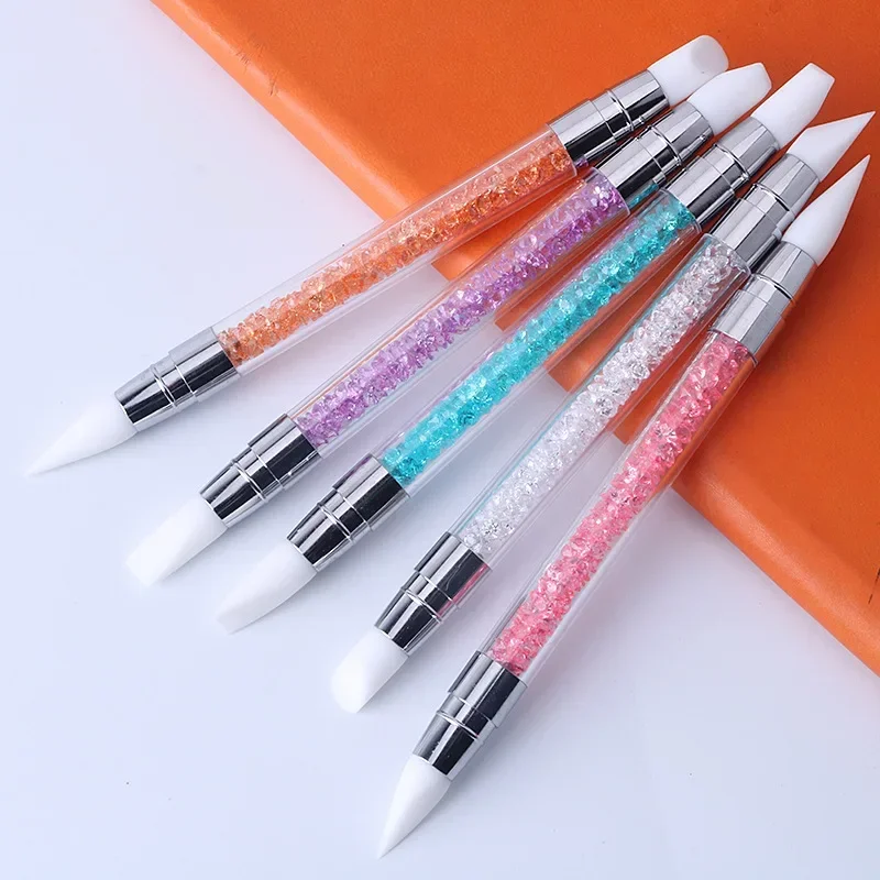 Nail Art Tools Nail Art Pen Nail Art Brush 1 Pcs Dual-Ended Silicone Head Carving Dotting Pen Nail Art Brushes Rhinestone Crystal Handle Tool For DIY Gel Manicure Tools