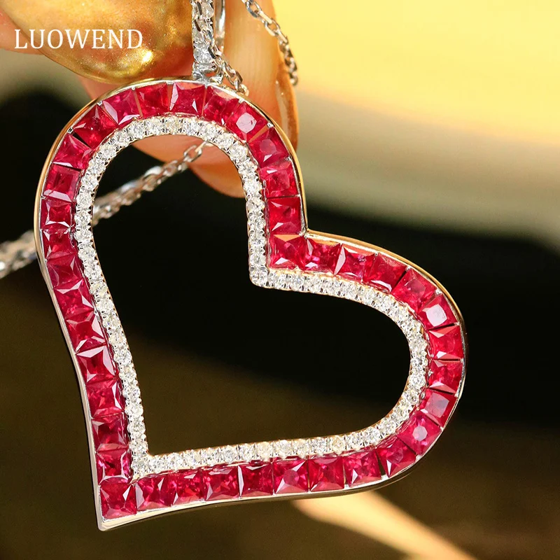LUOWEND 18K White Gold Necklace Real Natural Ruby and Diamond Pendant Fashion Love Shapes Fine Jewelry for Women Engagement