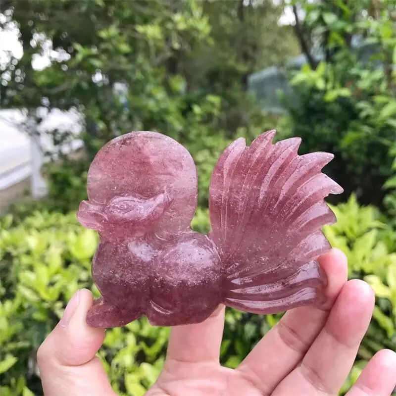 

Natural Strawberry Quartz Nine-Tailed Fox Hand Carved Crystal Polished Quartz Healing Gemstone For Home DIY Decoration 1pcs
