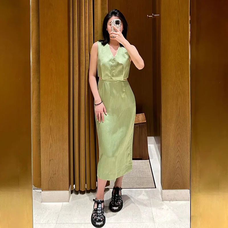 

Женское модное платье в темную полоску, смешанное платье без рукавов с V-образным вырезом и разрезом, весна-лето 2024