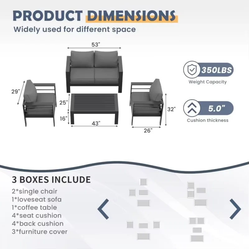 5 Pcs Metal Modern Patio Furniture Set, Outdoor Sectional Sofa for Balcony, Aluminum Patio Furniture, Garden, Dark Grey 3