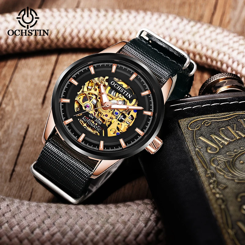 OCHSTIN Gift New Fashion Men Sports Mechanical Watches Male Luxury Nylon Strap Golden Dial Automatic Military Wristwatch OCHSTIN