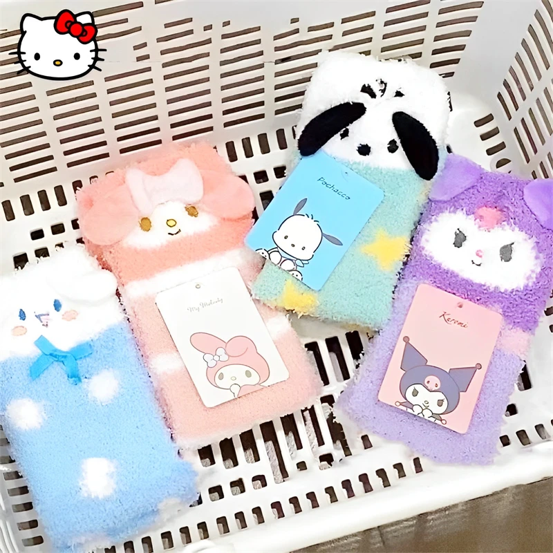 

Kawaii Sanrio MyMelody Socks Kuromi Cinnamoroll Cute Cartoon Girls Autumn and Winter Coral Plush Thickened Mid Tube Socks Gift