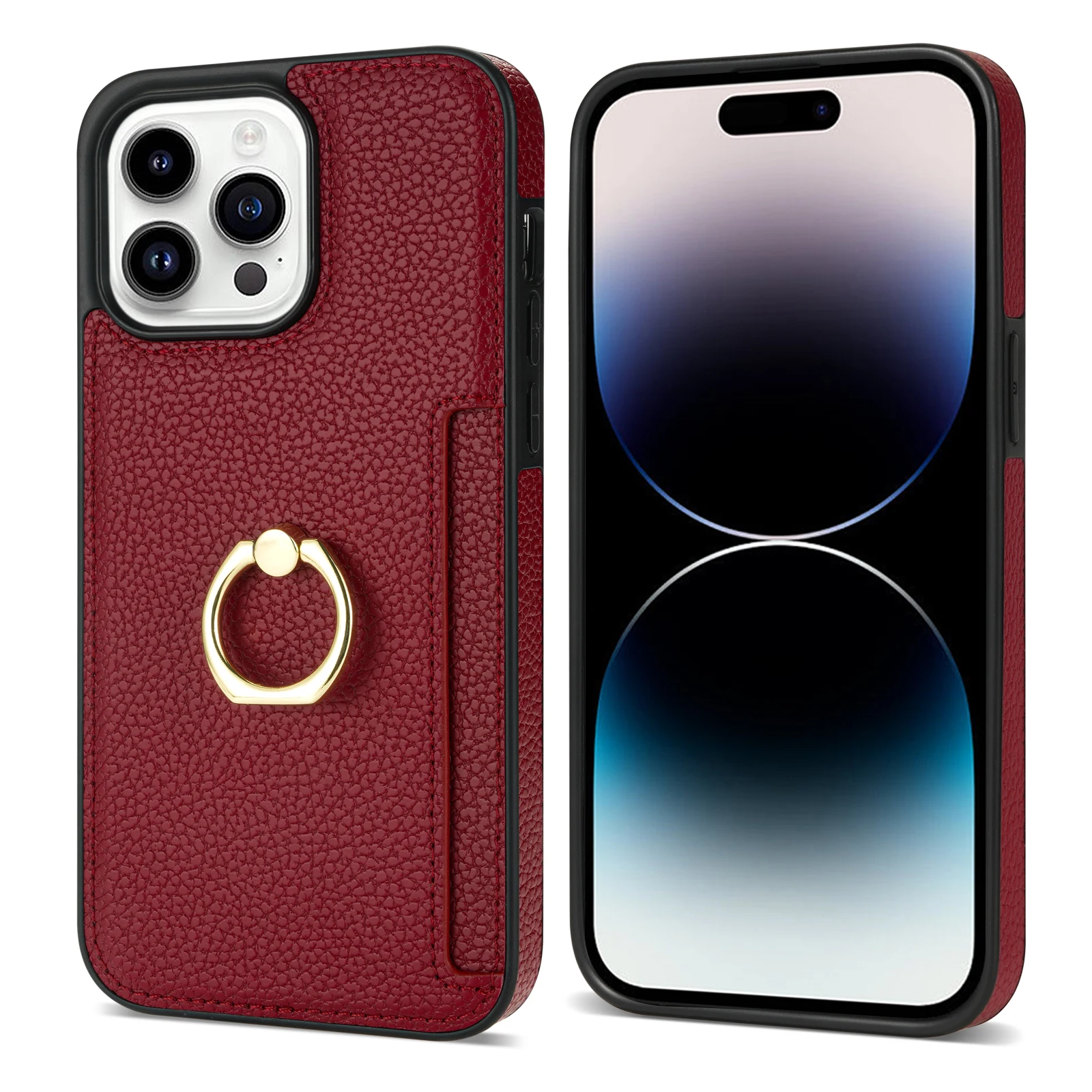 Luxurious Leather Wallet Phone Case with Ring Holder and Card Slot - Litchi Stand Cover