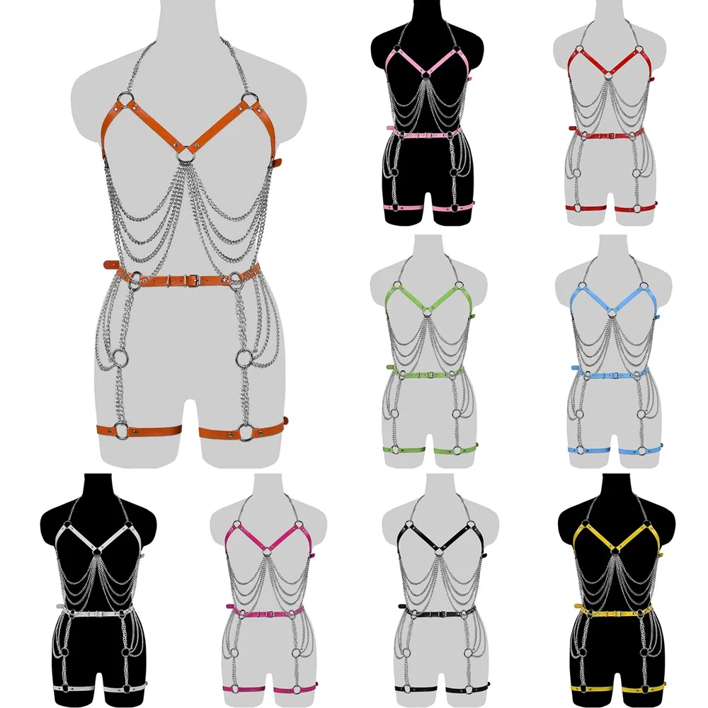 

Цепочка на всё тело в стиле Харадзюку, пикантное нижнее белье с кожаной отделкой, костюм для танцев, карнавальный костюм, маскарад, платье, портупея, подвязки для женщин