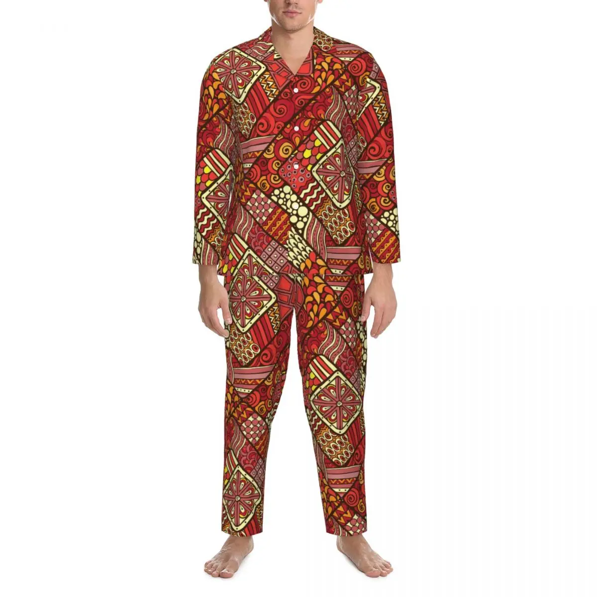 

Tribal Print Pajama Set Red Abstract Cute Soft Sleepwear Man Long-Sleeve Casual Night 2 Pieces Nightwear Large Size 2XL