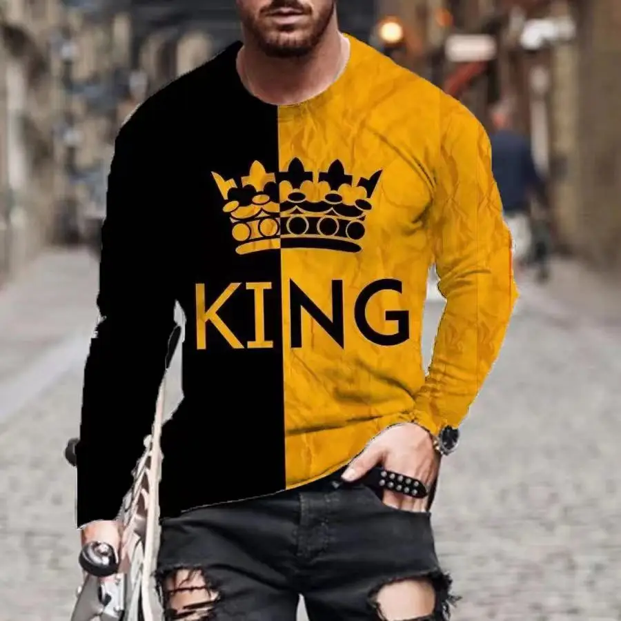 2022  Men'S T-Shirt Fashion King Printed Pattern Long Sleeve Round Neck Oversized Top Street Spring Personalized Clothes Shirt