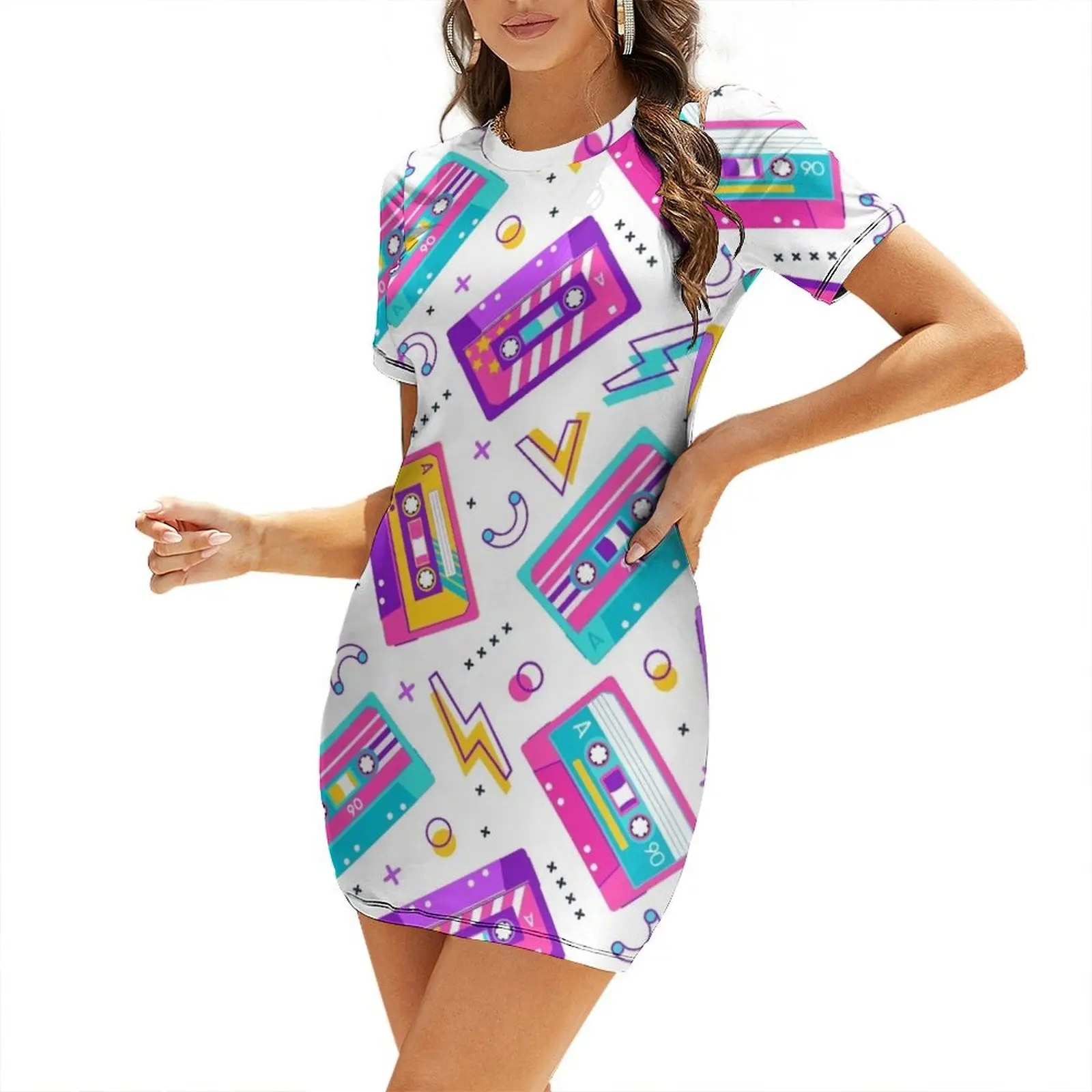 

I Listen to Cassette Singles Short Sleeved Dress Women's skirt evening dress