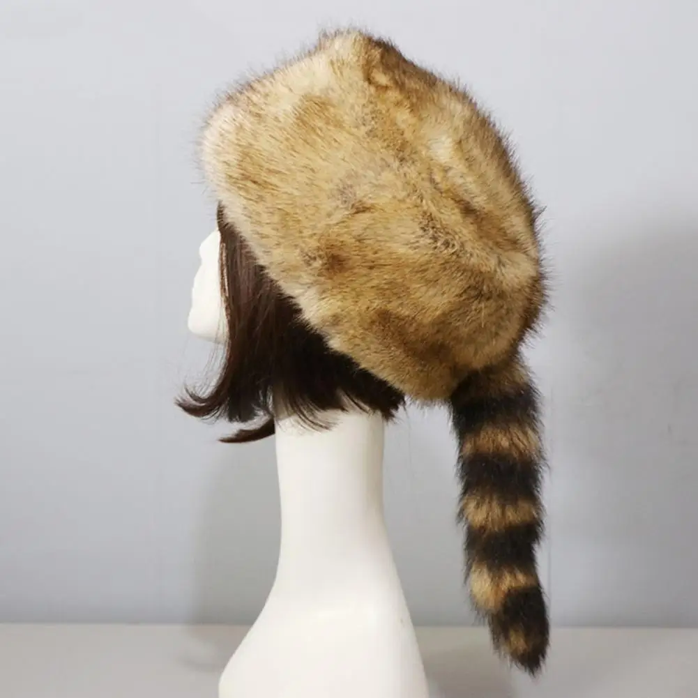 Winter Hat Faux Fur Raccoon Tail Russian Round Flat Top Ear Protection Thickened Autumn Winter Thermal Women Cap for Camping windproof winter hat
