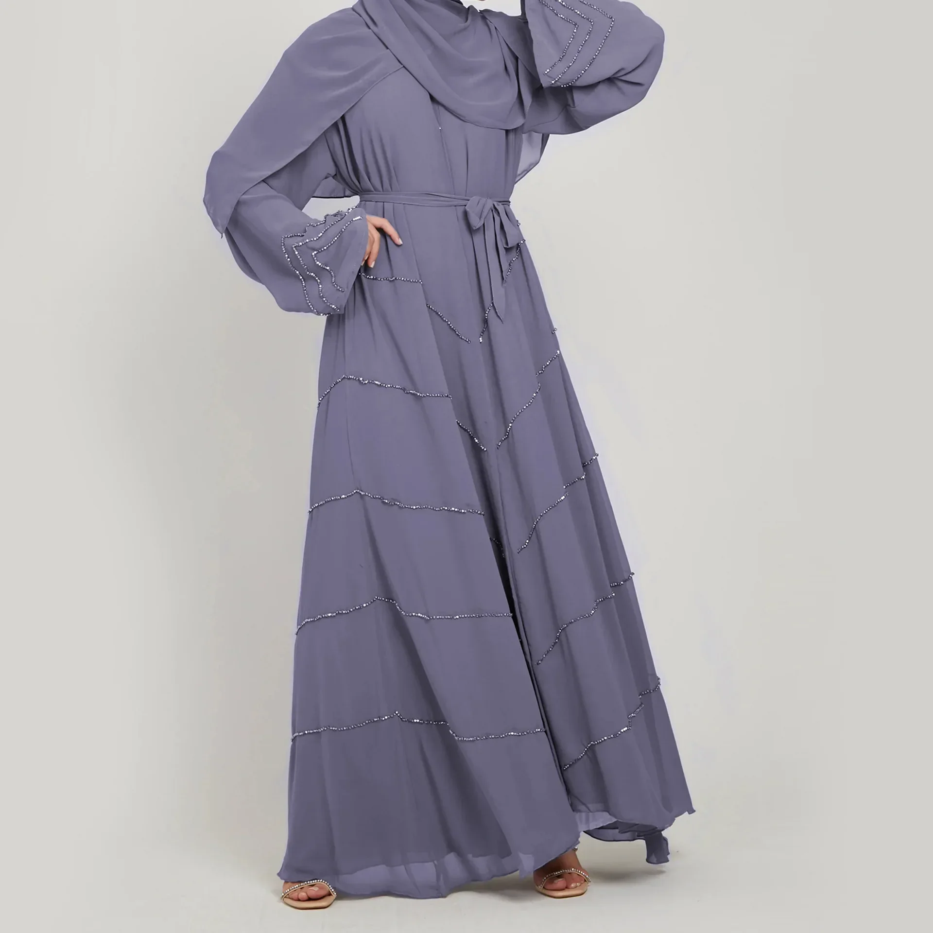 Open Abaya Dubai Turkey Elegant Beading Kimono Muslim Party Long Dress Plain Belt Abayas for Women Eid Islam Kaftan Hijab Robe