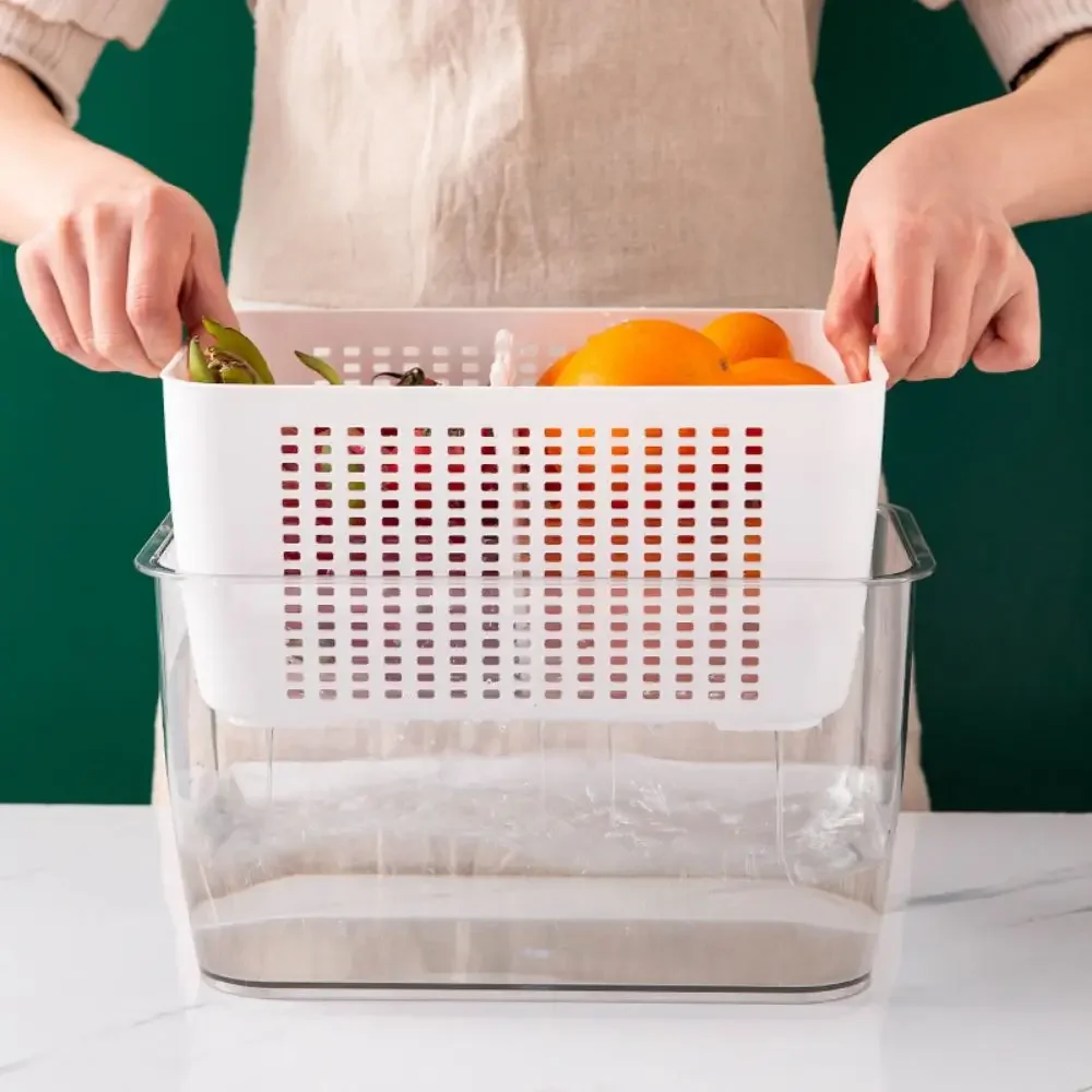 Refrigerator Crisper Drain Basket Kitchen Vegetable Washing Basket Filtered Water Double Layer Drain