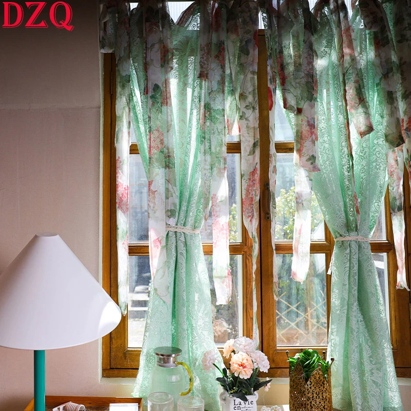 

135*120 Idyllic Tab Top Elegant Lace Tulle Door Curtain Special Design Rural Green/Pink Lace Gauze Curtains for Kitchen #A150