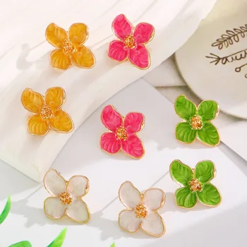 925 Silver Needle Korean Fashion Dripping Oil Flower Earrings For Women Jewelry 2025 Trending Four Petals Flower Stud Earrings