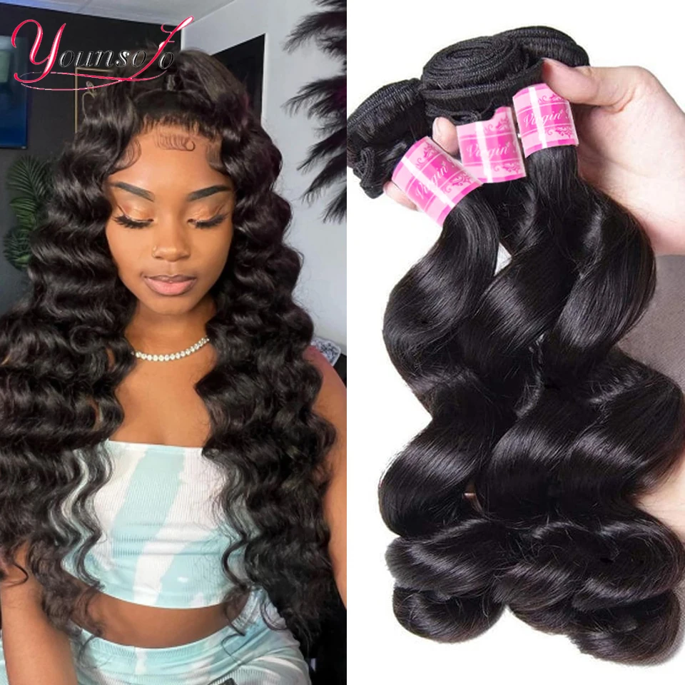 Younsolo Human Hair Bundles Loose Wave Natural Color Peruvian Human Hair Loose Weave hair Extensions 4Pcs Bundle 200%