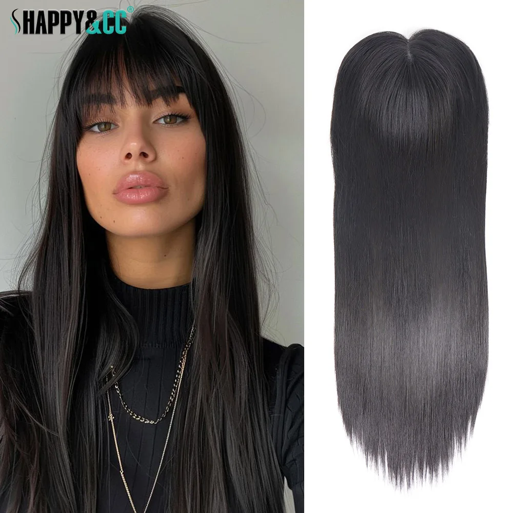 20inch Straight Clip In 3D Hair Toppers for Women with Bangs Hairpiece Fake Fringe Black Extension