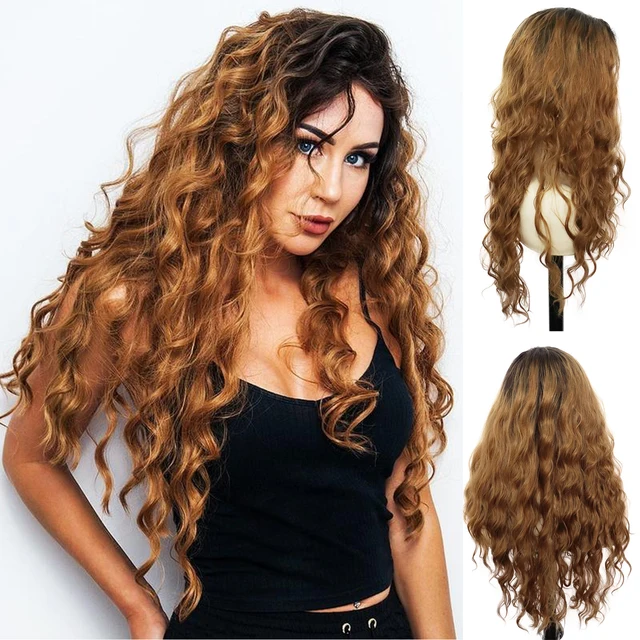 GNIMEGIL Synthetic Long Curly Wigs for Women Ombre Blonde Wig with Bangs Costume Wig for Girls Sexy Blond Wigs with Dark Roots Ombre Brown