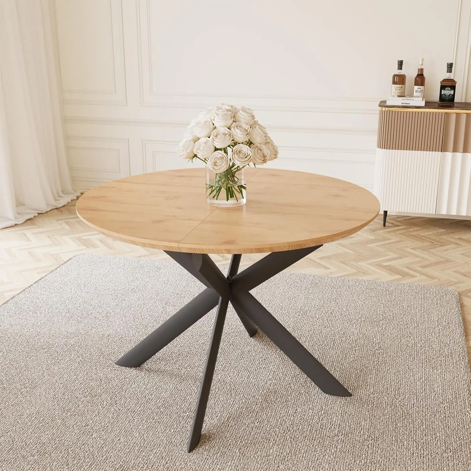 43.2"-59.1" Extendable Round Dining Table, Mid Century Modern Wooden Round Table, Leisure Oak Coffee Table,Saving Space