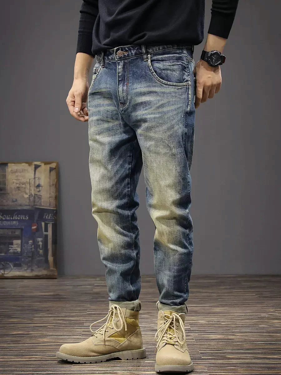Vintage Fashion Men Jeans High Quality Retro Blue Elastic Slim Fit Ripped Jeans Men Trousers Casual Designer Denim Pants Hombre
