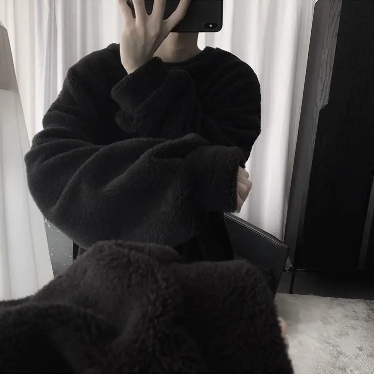 2023 New Hong Kong Style Plush Winter Lamb Polar Fleece Warm Thickened Sweater Men's Loose Korean Version Student Clothes