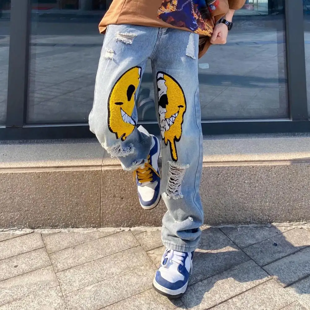 

Джинсы унисекс с абстрактным рисунком, рваные Брюки с широкими штанинами, в стиле пэчворк, с мультяшным рисунком граффити, эластичные женские прямые штаны средней длины