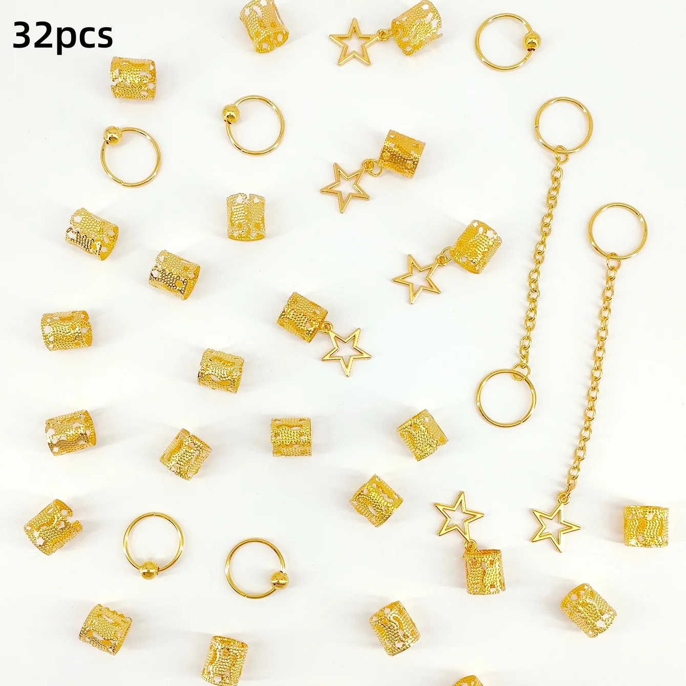 Star Dreadlock Hair Braid Cuffs & Decorations Set - 32-Piece Hair Jewelry Accessories
