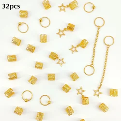 Star Dreadlock Hair Braid Cuffs & Decorations Set - 32 - Piece Hair Jewelry Accessories (Gold)