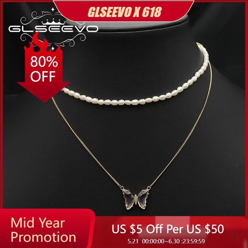 GLSEEVO-매력 곤충 다크 블랙 나비 긴 체인 더블 진주 펜던트 목걸이, 보..