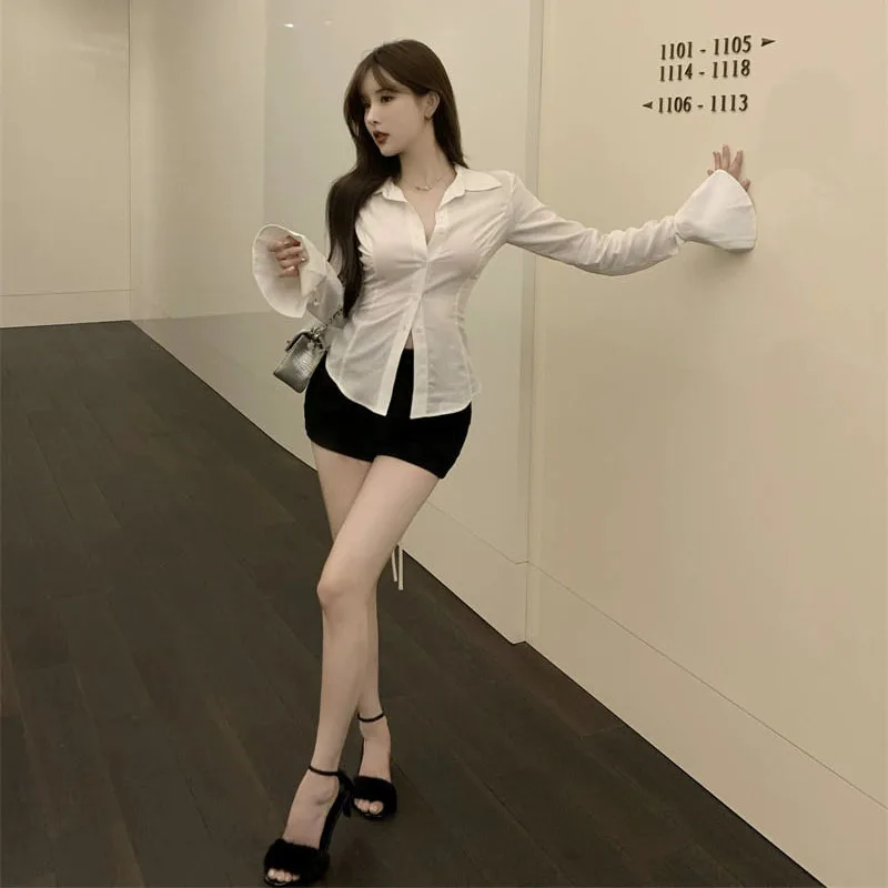 여성용 섹시한 슬림 화이트 쉬폰 셔츠, 턴다운 칼라 플레어 슬리브 튜닉 붕대 블라우스, 싱글 브레스트 오피스 레이디 상의