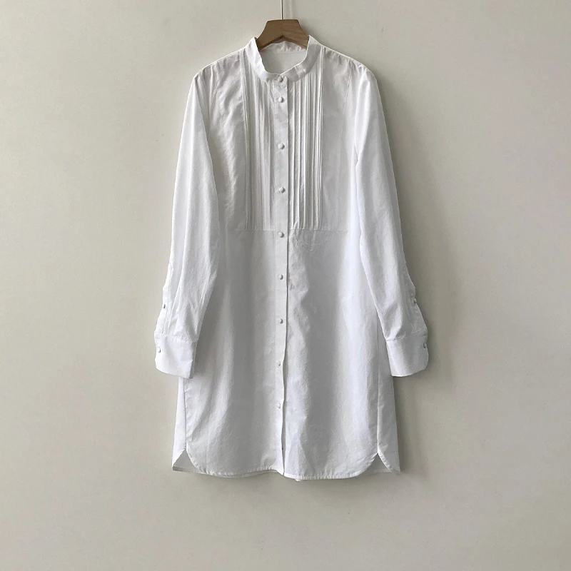 

Zadig 2023 Spring Summer Shirt Skirt Women Round Stand Collar Button White Dresses Female Loose Embroidered Print Shirt Skirts